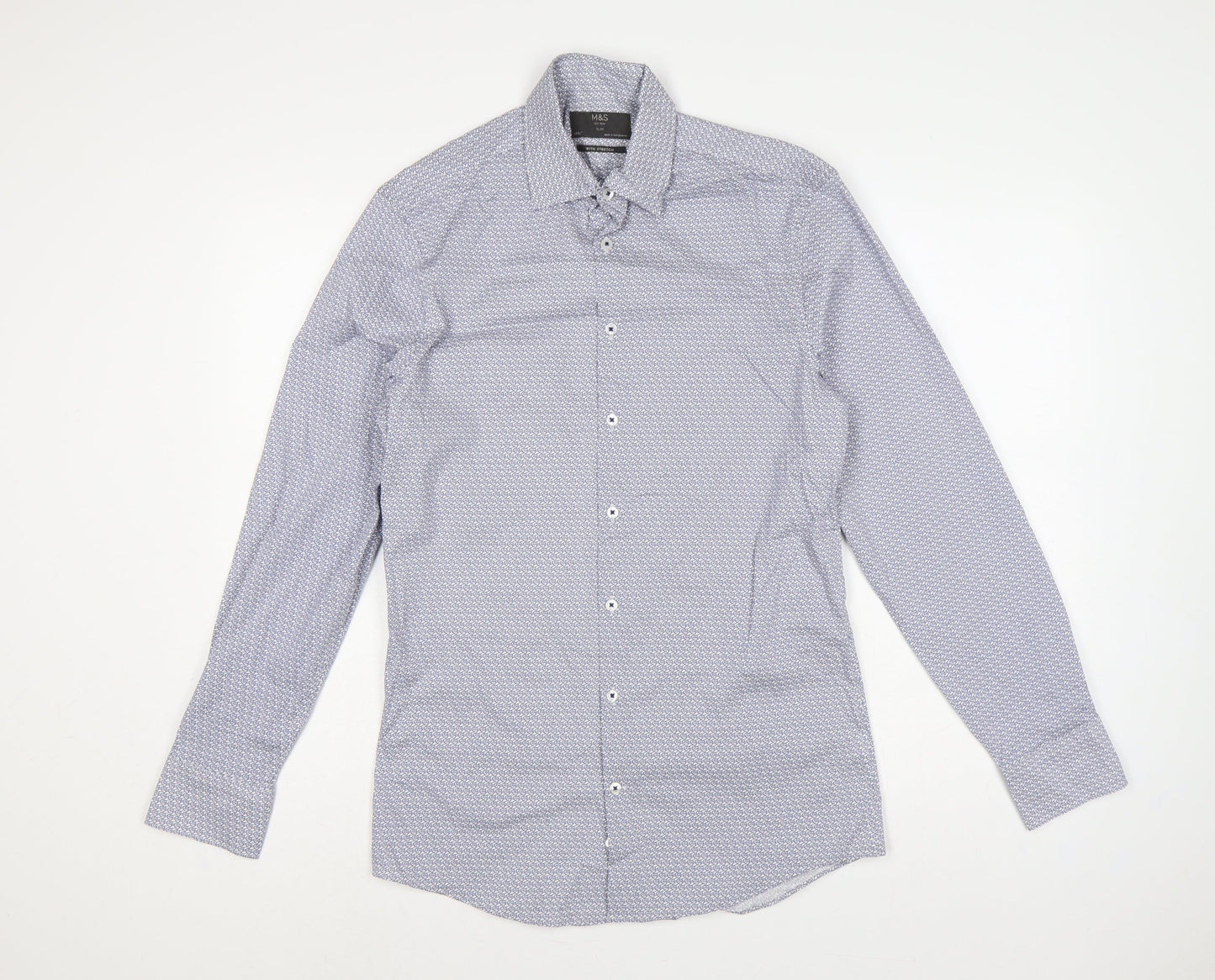 M&S Men Blue Owl Print Slim Fit 14.5in Stretch Long Sleeve Shirt