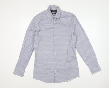 M&S Men Blue Owl Print Slim Fit 14.5in Stretch Long Sleeve Shirt