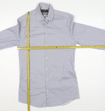 M&S Men Blue Owl Print Slim Fit 14.5in Stretch Long Sleeve Shirt