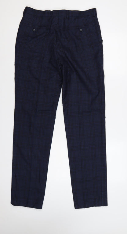 Marks and Spencer Men’s Blue 32 Linen Blend Plaid Dress Trousers