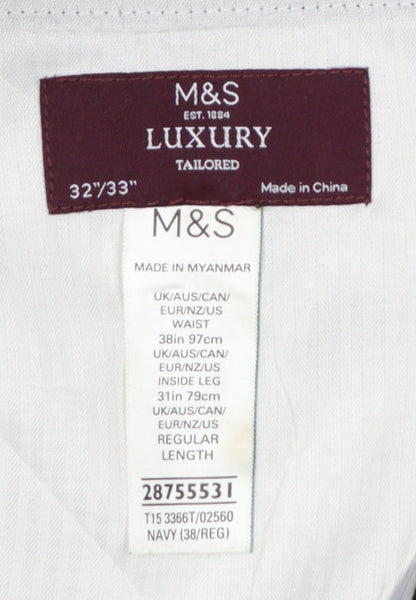 Marks and Spencer Men’s Blue 32 Linen Blend Plaid Dress Trousers