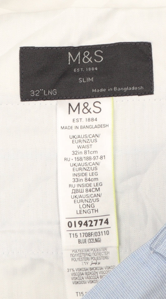 Marks and Spencer Men Blue Slim 32in Long Check Dress Trousers