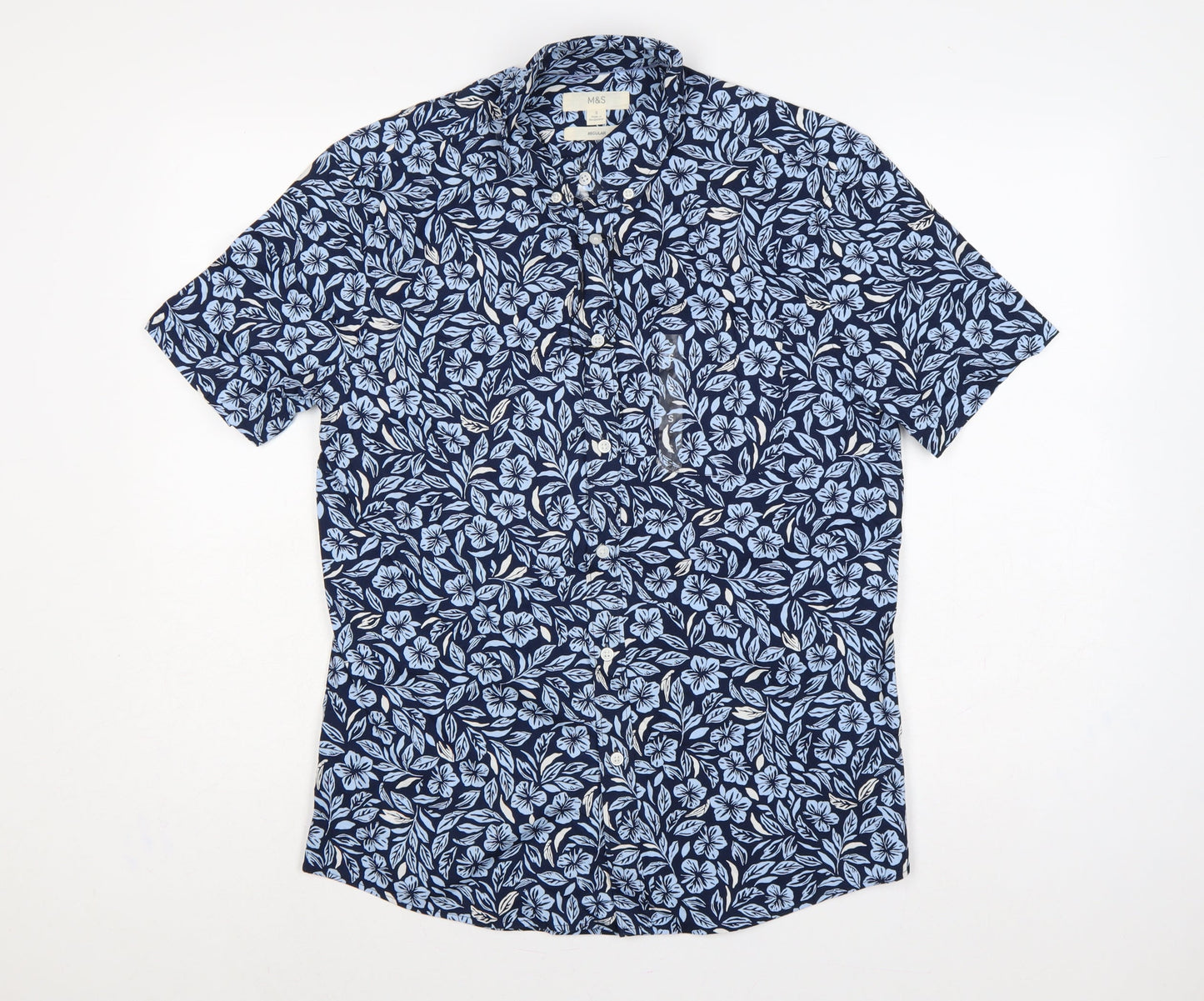 Marks & Spencer Men Blue Floral Hawaiian Cotton Shirt S Regular
