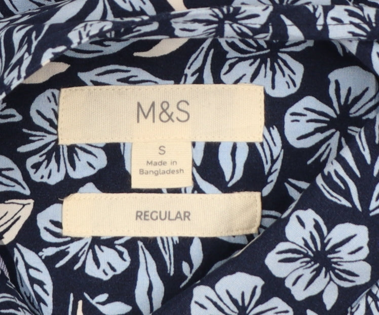Marks & Spencer Men Blue Floral Hawaiian Cotton Shirt S Regular