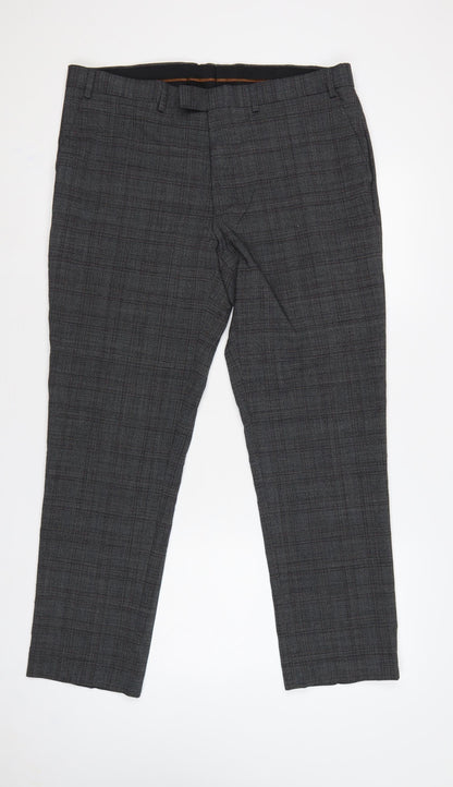 Marks & Spencer Men's Grey Check Slim 36 Short Wool Blend Dress Trousers