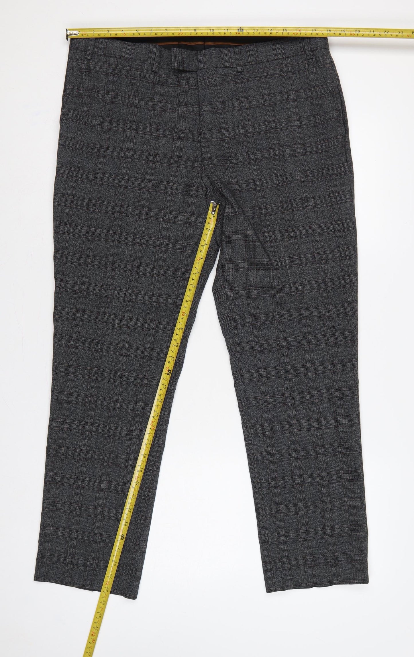 Marks & Spencer Men's Grey Check Slim 36 Short Wool Blend Dress Trousers