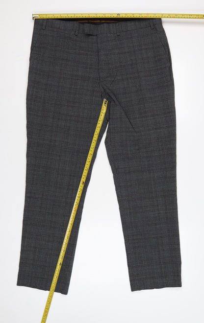 Marks & Spencer Men's Grey Check Slim 36 Short Wool Blend Dress Trousers