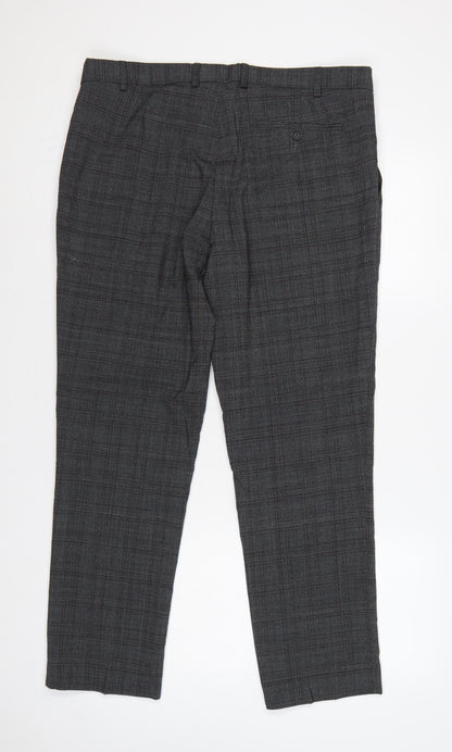 Marks & Spencer Men's Grey Check Slim 36 Short Wool Blend Dress Trousers