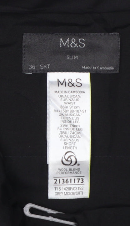 Marks & Spencer Men's Grey Check Slim 36 Short Wool Blend Dress Trousers