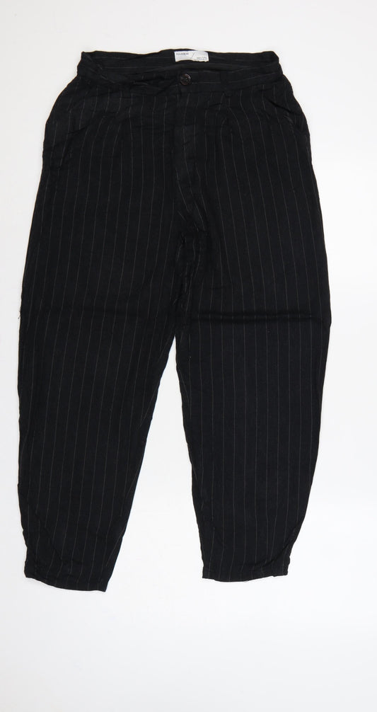 Pull&Bear Women’s Black Pinstripe Paperbag Tapered Trousers UK 10