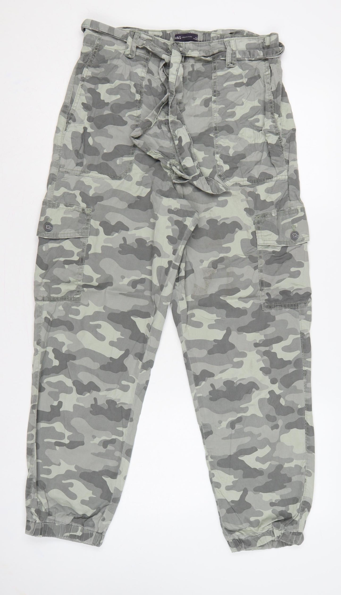 Marks and Spencer Women’s Grey Camo 10-12 Cargo Jogger Trousers Belted