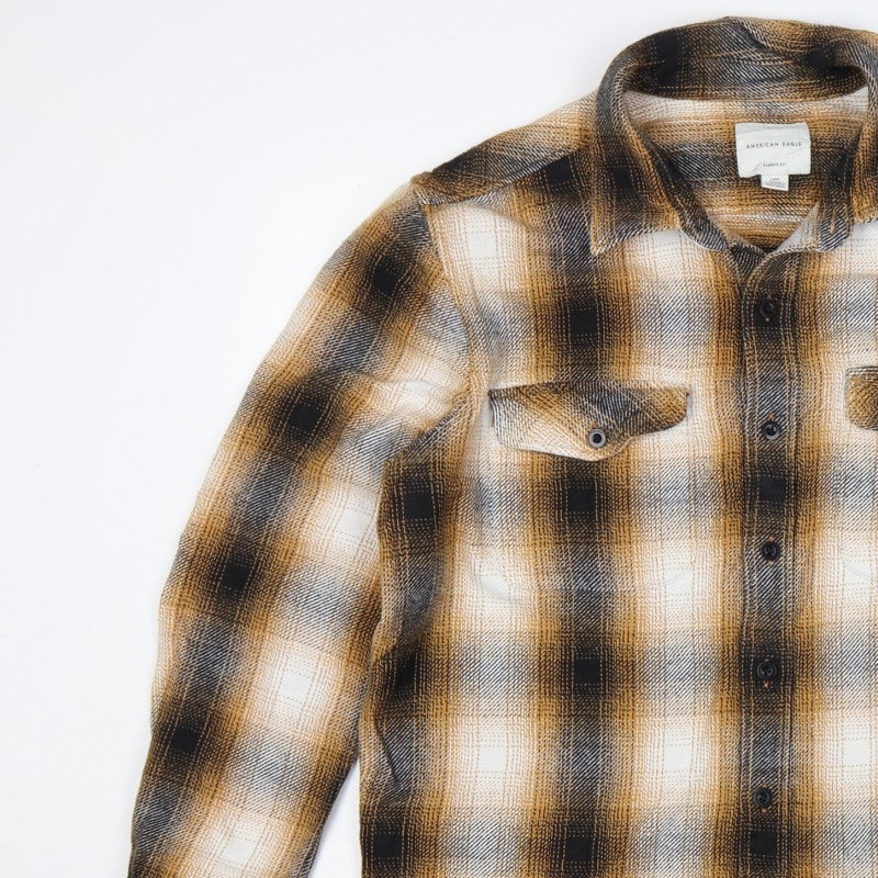 American Eagle Men’s L Brown Plaid Classic Fit Flannel Button-Up Shirt
