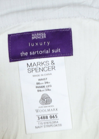 Marks & Spencer Men Blue Pinstripe Wool Dress Trousers 34 33