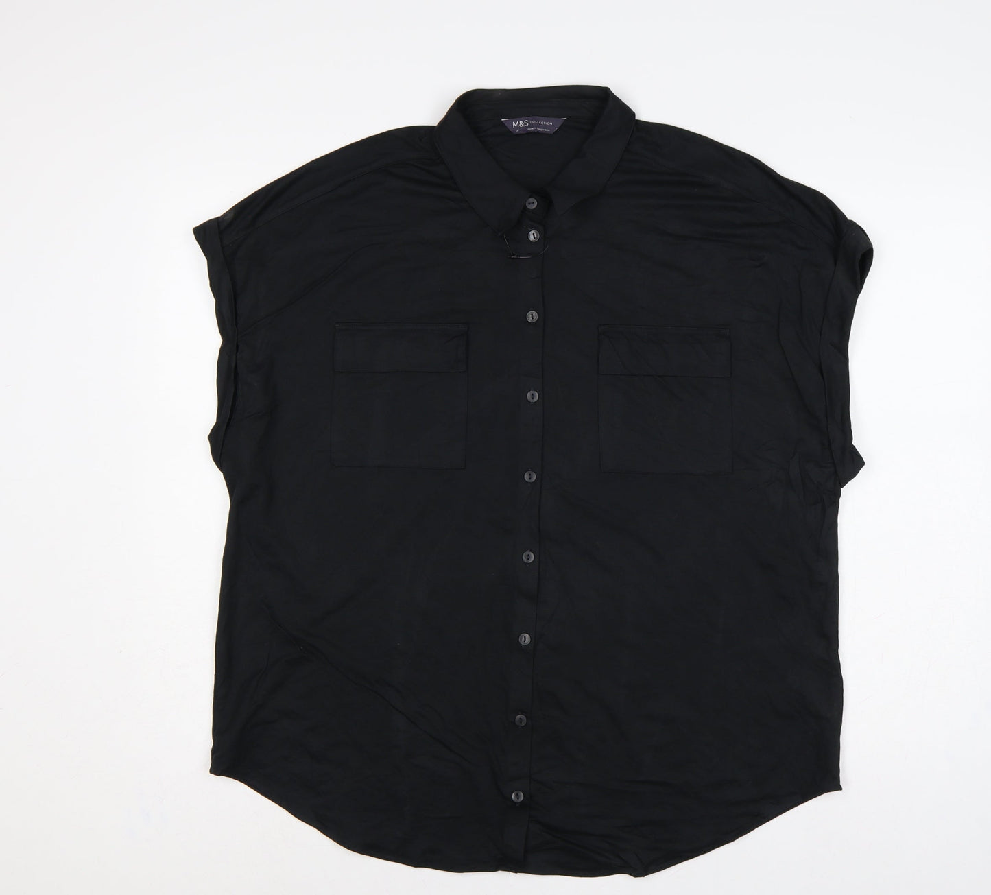 Marks and Spencer Women Black UK 18 Collared Cap Sleeve Button-Up Blouse