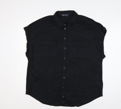 Marks and Spencer Women Black UK 18 Collared Cap Sleeve Button-Up Blouse