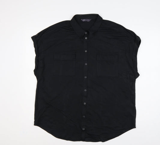 Marks & Spencer Women Black UK 18 Collared Cap Sleeve Button-Up Blouse