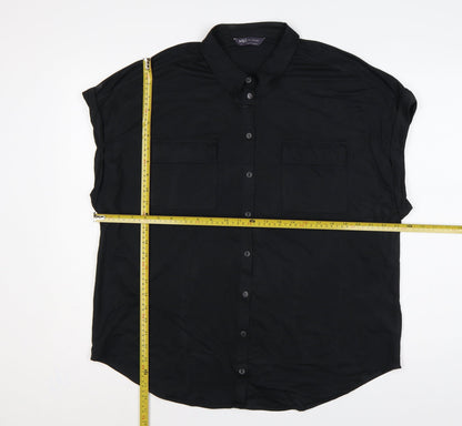 Marks and Spencer Women Black UK 18 Collared Cap Sleeve Button-Up Blouse