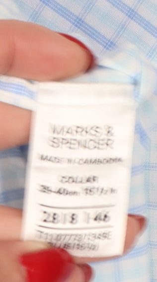 Marks & Spencer Men Blue Check 15.5in Easycare Long Sleeve Shirt