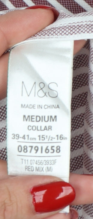 M&S Men’s Red White Striped Cotton Button-Up Shirt 15.5 Collar