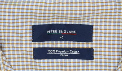 Peter England Men’s Beige Check Cotton Shirt Size 40 Regular Button-Up