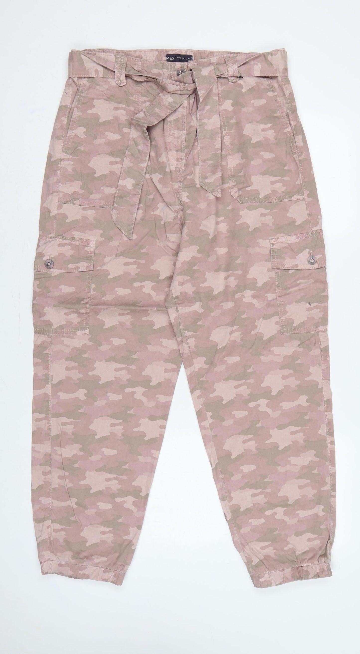 Marks & Spencer Women Pink Camo Cargo Trousers UK 10 Belted