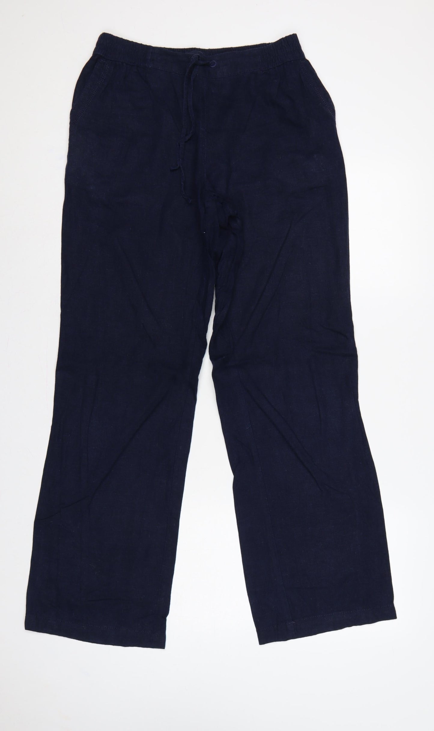 Next Women Blue UK 12 Long Linen Blend Drawstring Wide-Leg Trousers