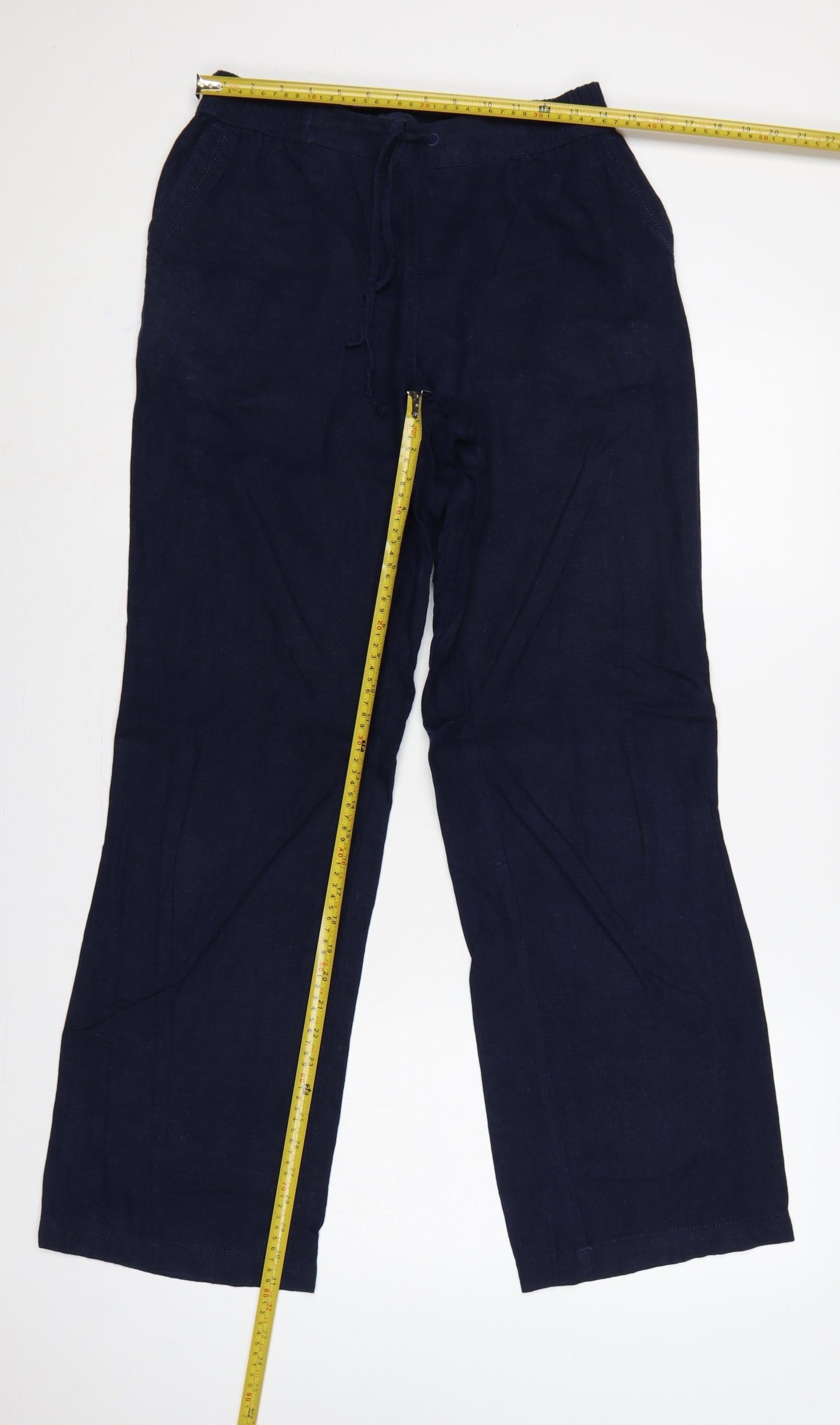 Next Women Blue UK 12 Long Linen Blend Drawstring Wide-Leg Trousers
