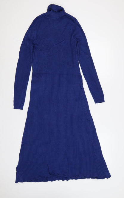 Marks and Spencer Women Blue M Ribbed Roll Neck Long Jumper Dress