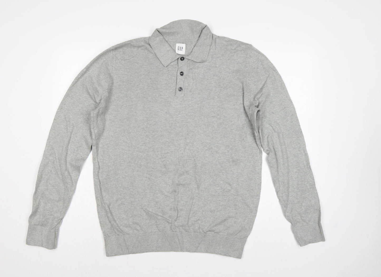 Gap Men's Grey M Cotton Collared Henley Knit Jumper Long Sleeve
