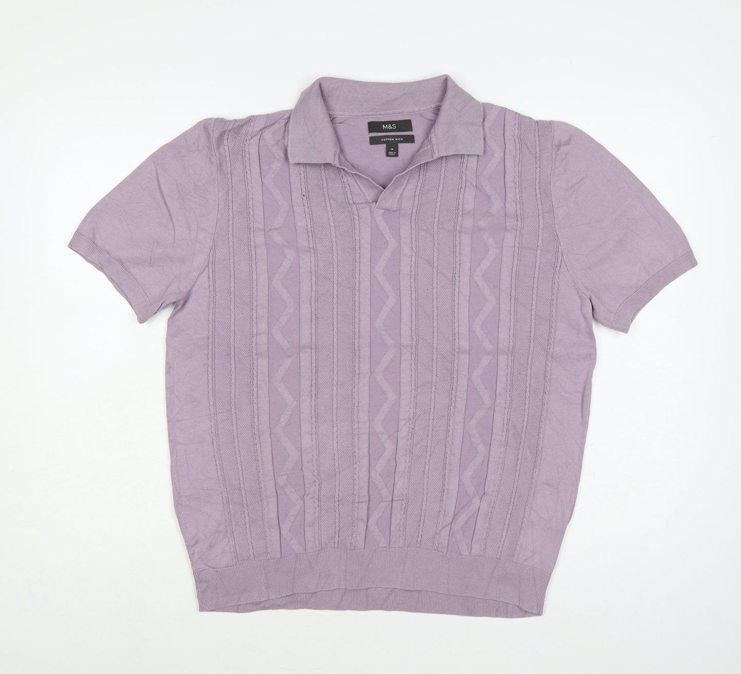 Marks and Spencer Men's Purple M Cable Knit Collared Short Sleeve Jumper