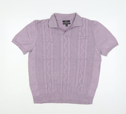 Marks and Spencer Men's Purple M Cable Knit Collared Short Sleeve Jumper