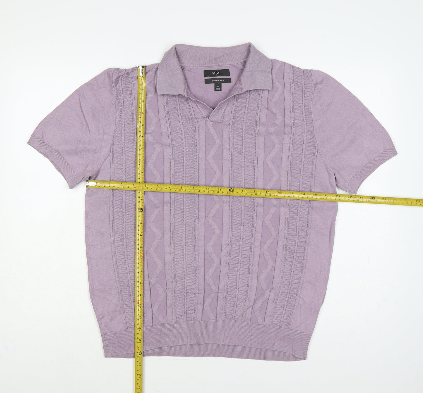 Marks and Spencer Men's Purple M Cable Knit Collared Short Sleeve Jumper