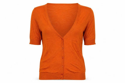 New York & Company Women Orange M Short Sleeve V-Neck Button Cardigan