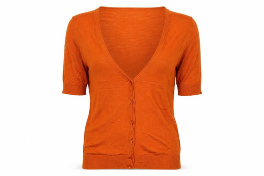 New York & Company Women Orange M Short Sleeve V-Neck Button Cardigan