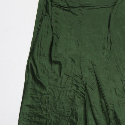 Zara Women Green Satin Strappy Ruched Long Slip Dress Size L