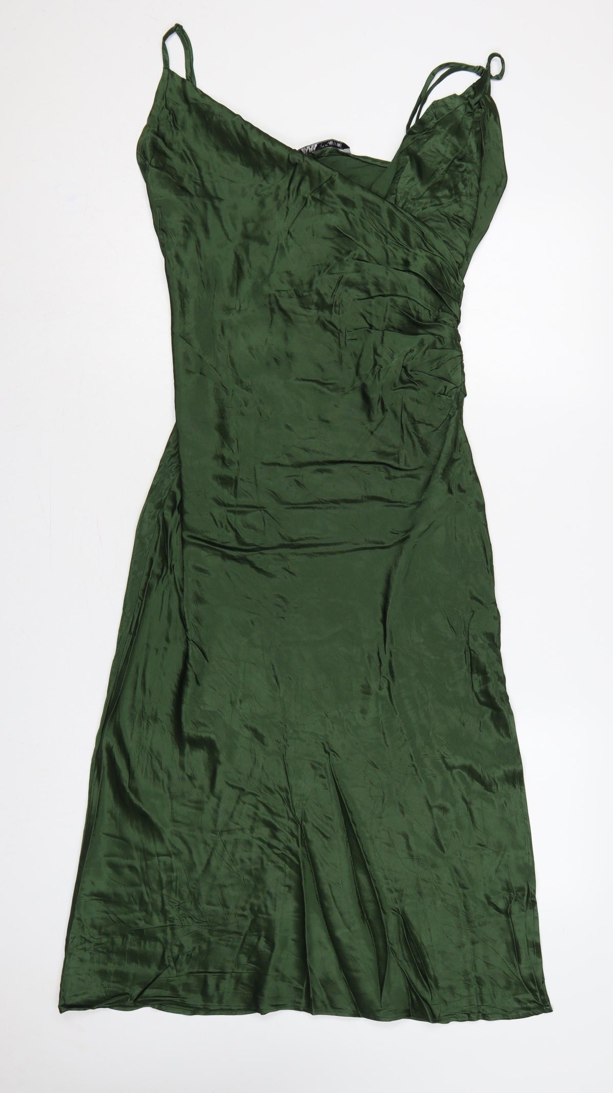 Zara Women Green Satin Strappy Ruched Long Slip Dress Size L