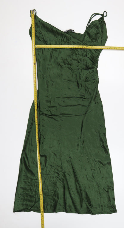 Zara Women Green Satin Strappy Ruched Long Slip Dress Size L