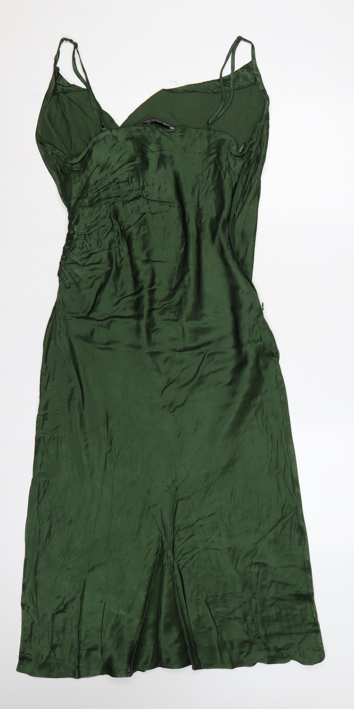 Zara Women Green Satin Strappy Ruched Long Slip Dress Size L