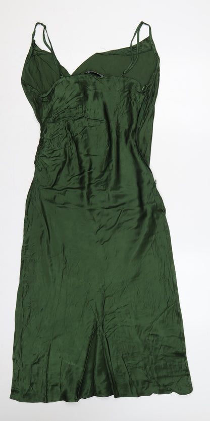 Zara Women Green Satin Strappy Ruched Long Slip Dress Size L