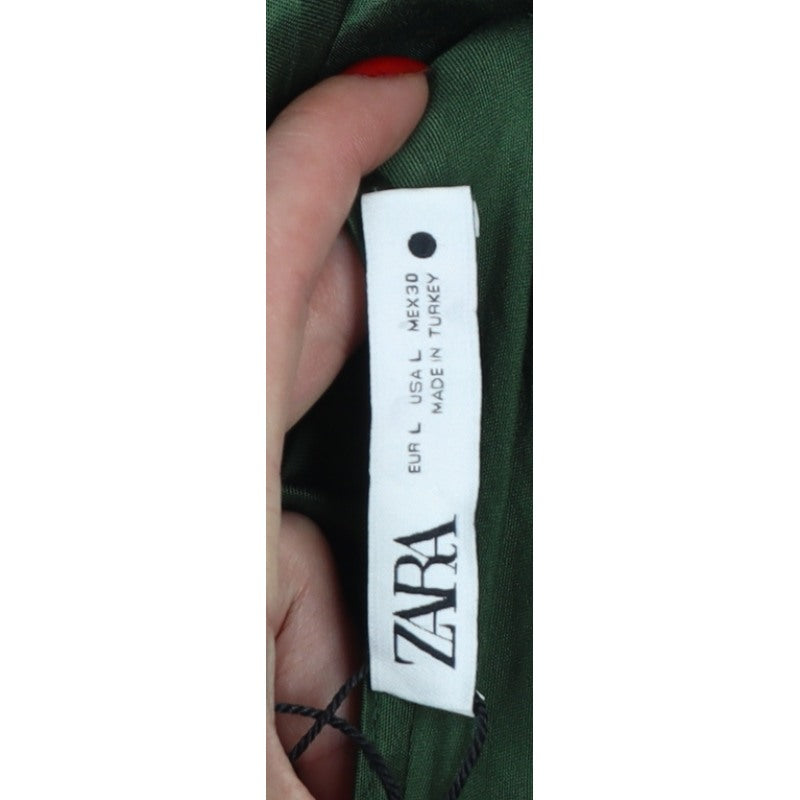 Zara Women Green Satin Strappy Ruched Long Slip Dress Size L