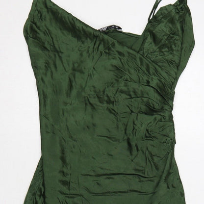 Zara Women Green Satin Strappy Ruched Long Slip Dress Size L