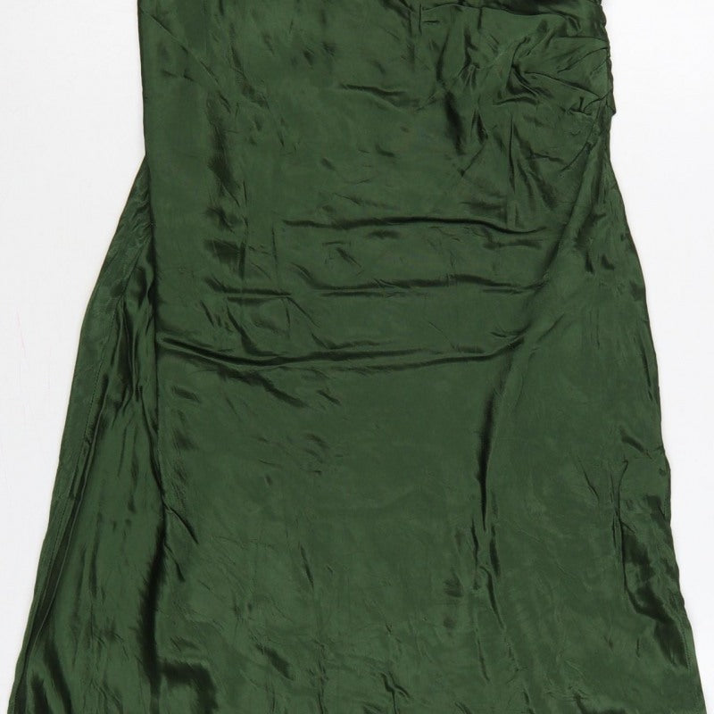 Zara Women Green Satin Strappy Ruched Long Slip Dress Size L
