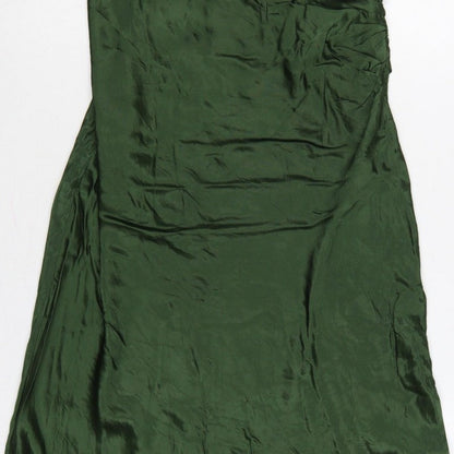Zara Women Green Satin Strappy Ruched Long Slip Dress Size L
