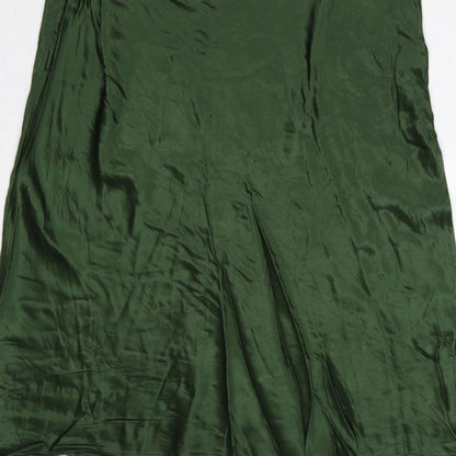 Zara Women Green Satin Strappy Ruched Long Slip Dress Size L