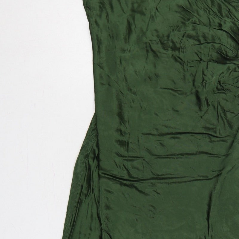 Zara Women Green Satin Strappy Ruched Long Slip Dress Size L