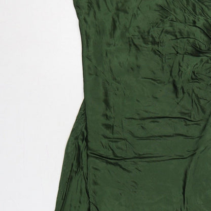 Zara Women Green Satin Strappy Ruched Long Slip Dress Size L
