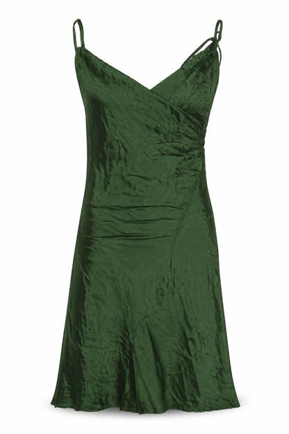 Zara Women Green Satin Strappy Ruched Long Slip Dress Size L