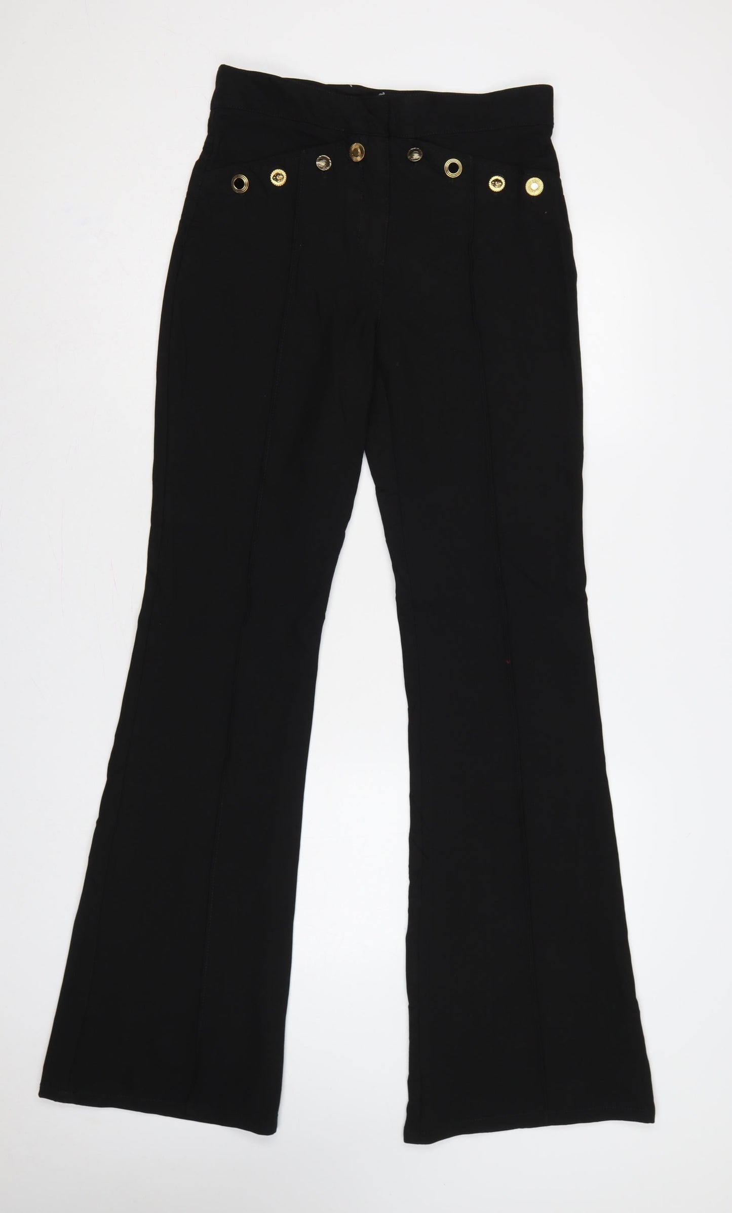 Zara Women Black UK 8 High Rise Flared Trousers Gold Button Detail