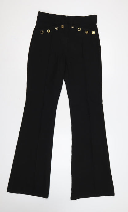 Zara Women Black UK 8 High Rise Flared Trousers Gold Button Detail
