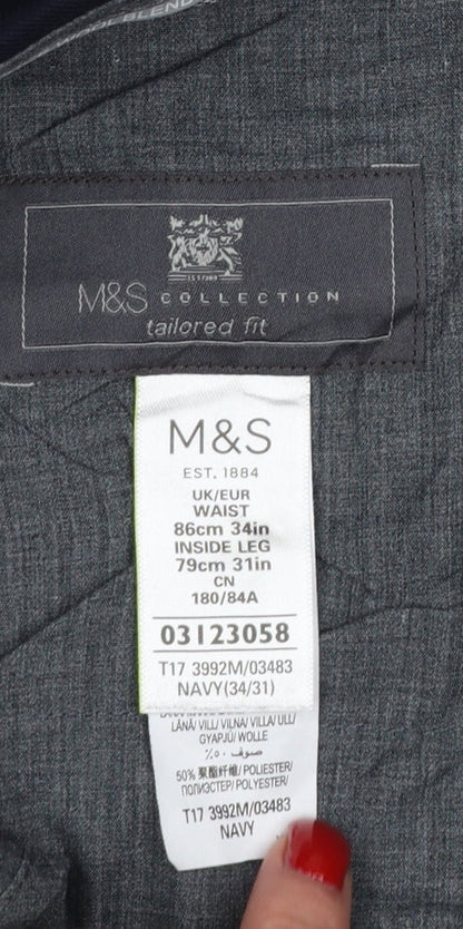 Marks and Spencer Men's Navy 34/31 Tailored Fit Dress Trousers